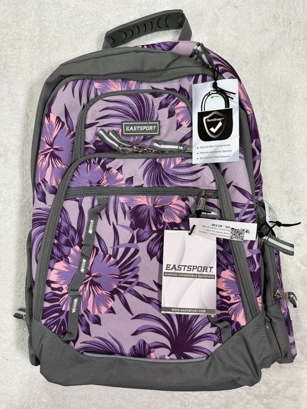 Eastsport Diamond Expandable Backpack Floral Purple/Gray Anti-Theft Tech Sleeve